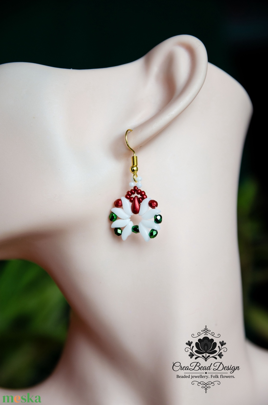 Creabead Design matyó tulipán stílusú elegáns trikolor fülbevaló - ékszer - fülbevaló - lógó csepp fülbevaló - Meska.hu