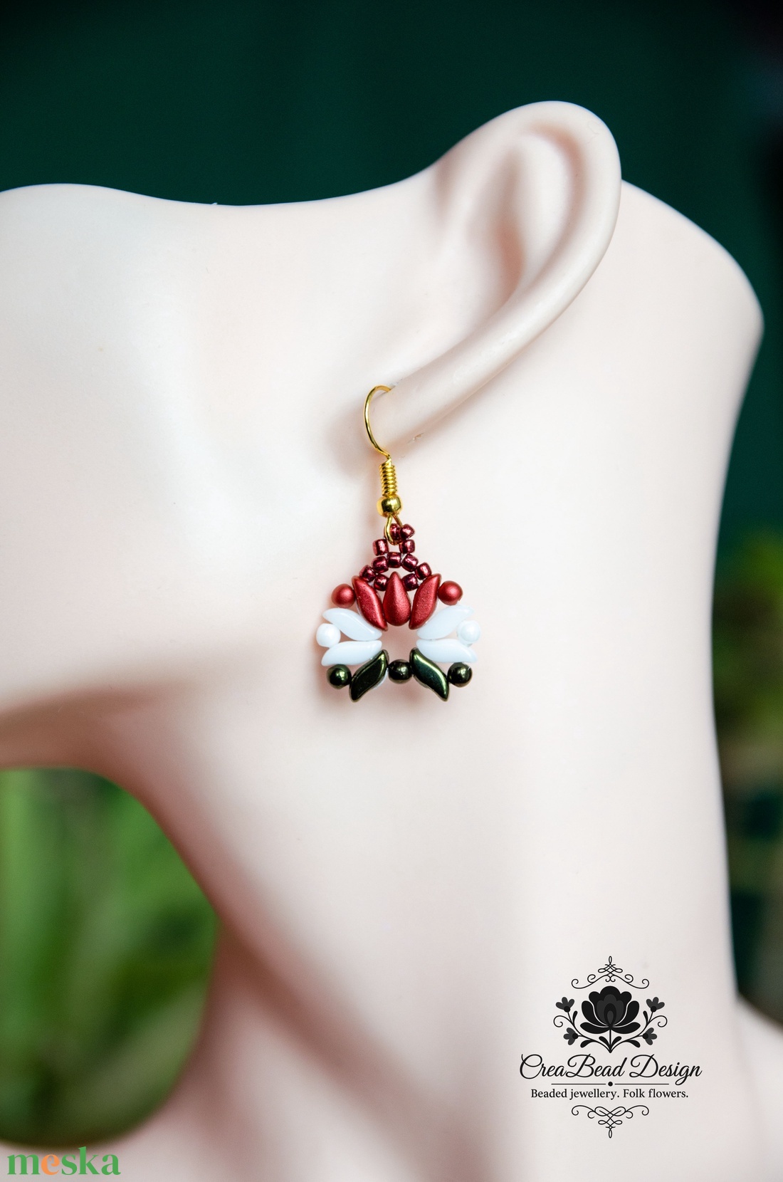 Creabead Design matyó tulipán stílusú elegáns trikolor fülbevaló - ékszer - fülbevaló - lógó csepp fülbevaló - Meska.hu