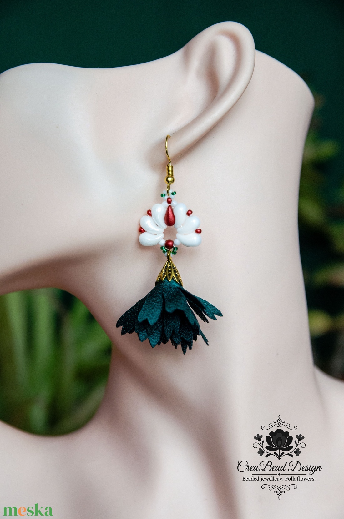 Creabead Design matyórózsa stílusú elegáns trikolor fülbevaló különleges bojttal - ékszer - fülbevaló - lógó csepp fülbevaló - Meska.hu