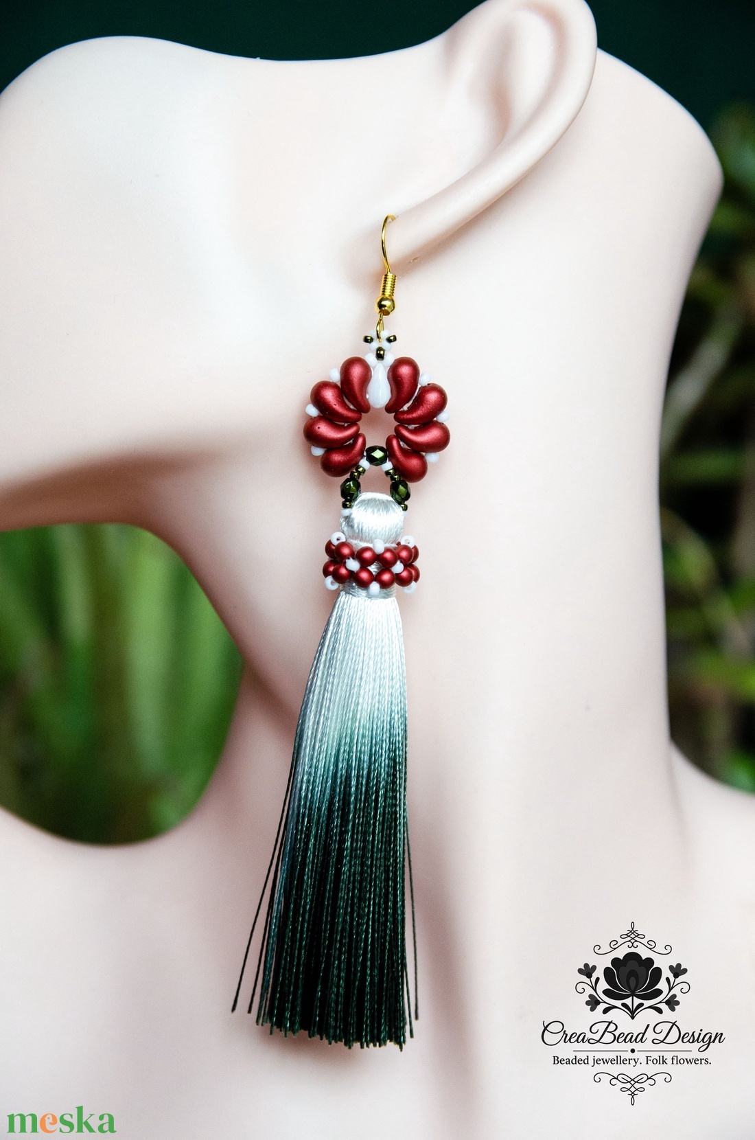 Creabead Design matyórózsa stílusú elegáns trikolor fülbevaló színátmenetes bojttal - ékszer - fülbevaló - lógó csepp fülbevaló - Meska.hu