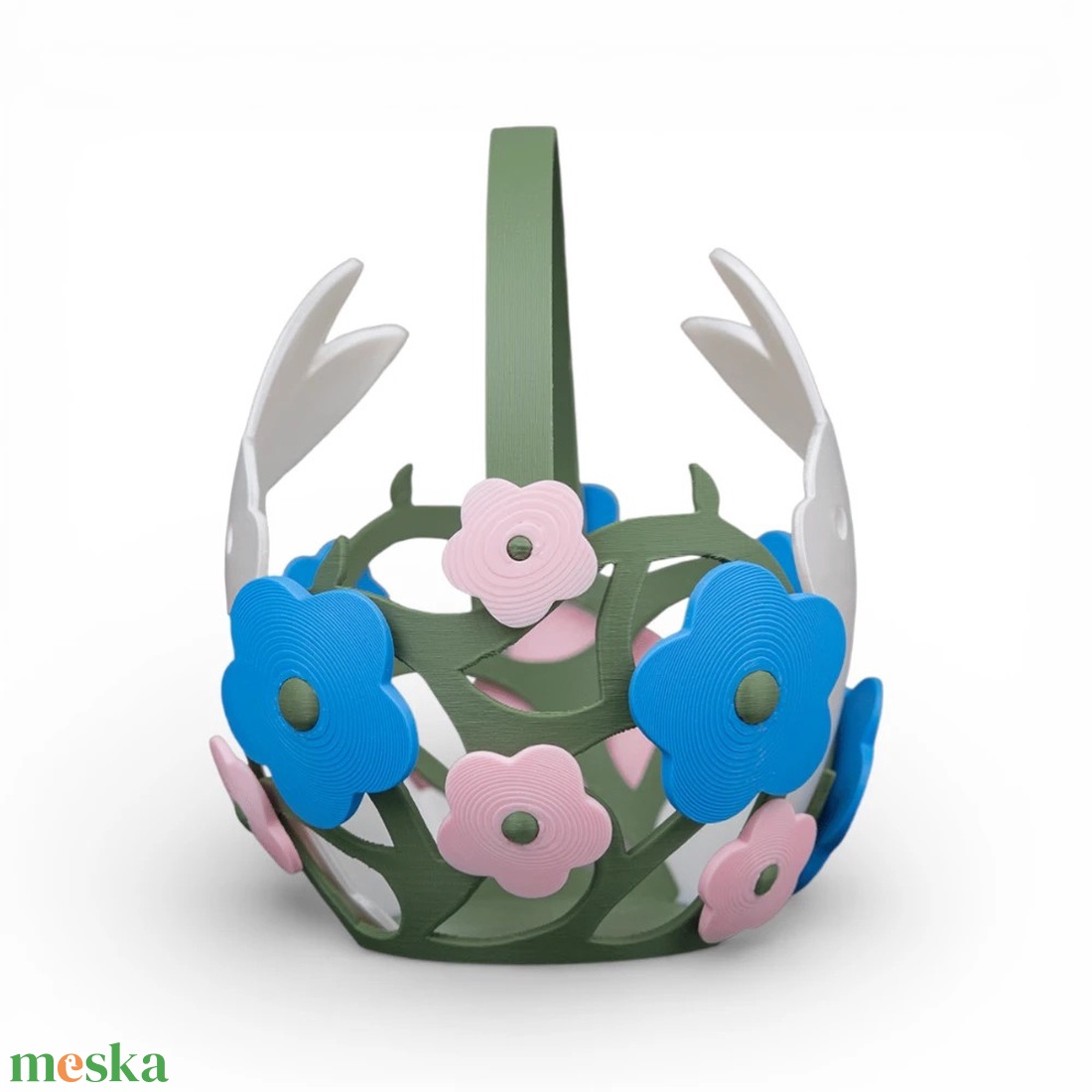 Virágos húsvéti tojásgyűjtő kosár fehér nyuszikkal - ünnepi díszek, dekorációk - húsvéti díszek és dekorációk - húsvéti virágos díszek - Meska.hu