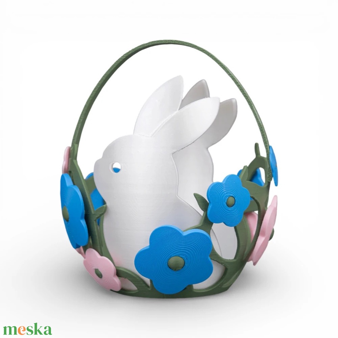 Virágos húsvéti tojásgyűjtő kosár fehér nyuszikkal - ünnepi díszek, dekorációk - húsvéti díszek és dekorációk - húsvéti virágos díszek - Meska.hu