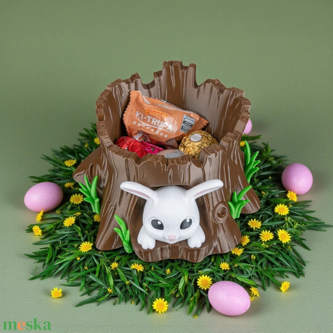 Húsvéti Nyuszis Édességtartó és Erdei Fatönk Kaspó - ünnepi díszek, dekorációk - húsvéti díszek és dekorációk - húsvéti tojástartó - Meska.hu