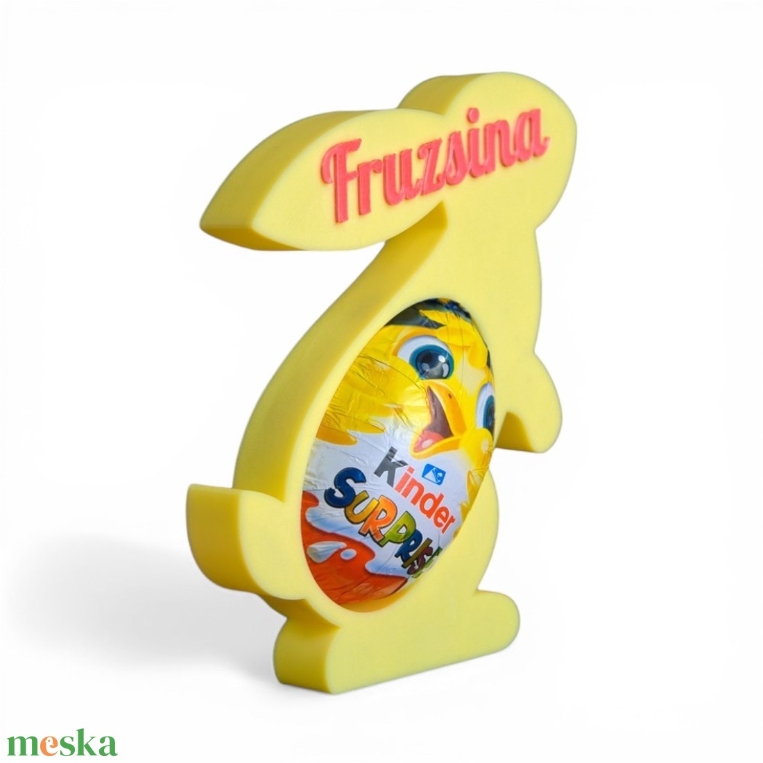 Személyre szabható nyuszis Kinder meglepetés tartó egyedi felirattal - Sárga - ünnepi díszek, dekorációk - húsvéti díszek és dekorációk - húsvéti tojástartó - Meska.hu