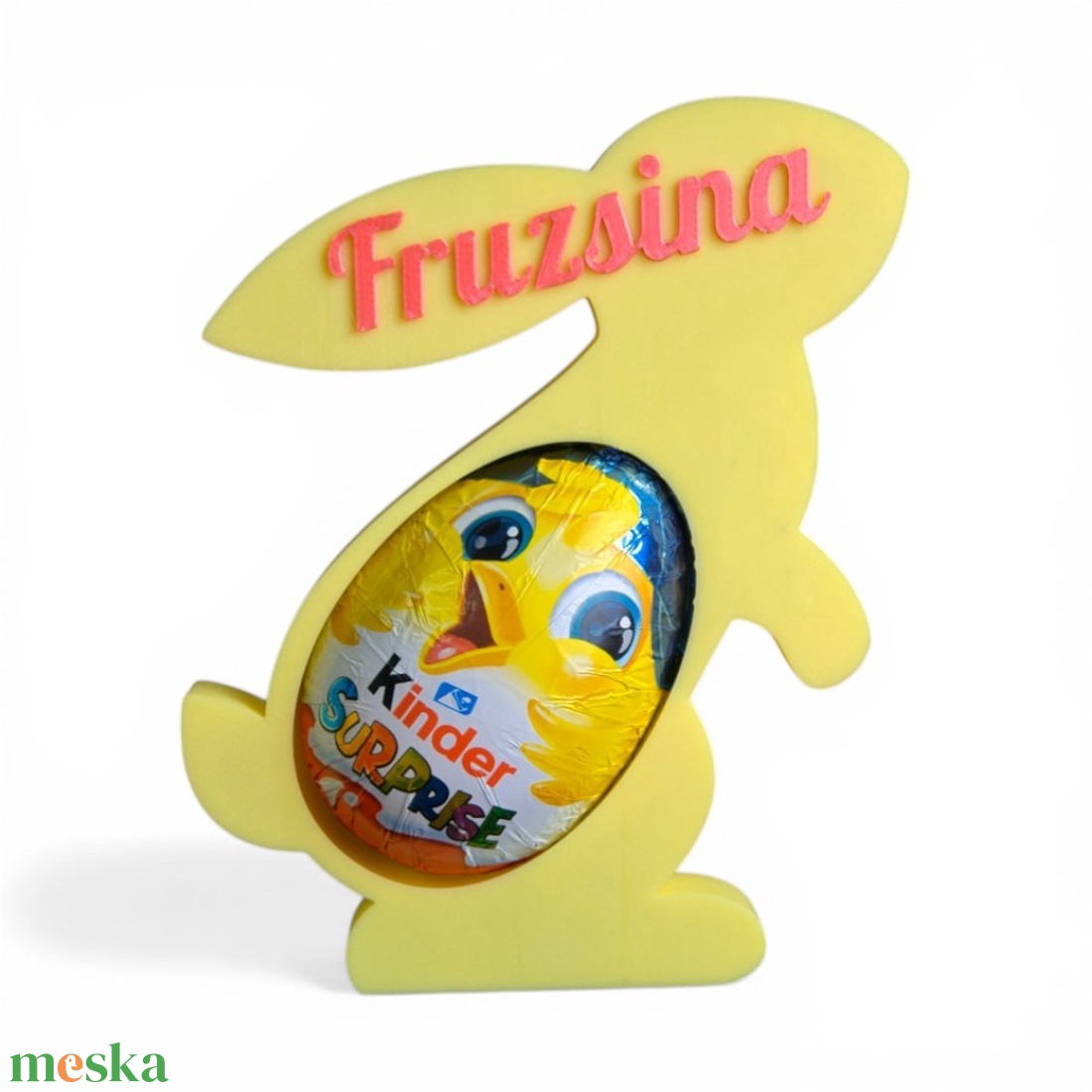 Személyre szabható nyuszis Kinder meglepetés tartó egyedi felirattal - Sárga - ünnepi díszek, dekorációk - húsvéti díszek és dekorációk - húsvéti tojástartó - Meska.hu