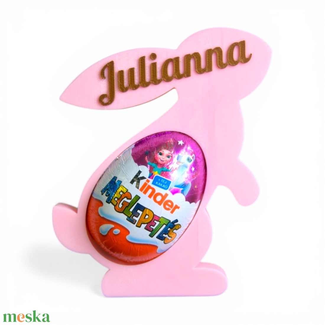 Személyre szabható nyuszis Kinder meglepetés tartó egyedi felirattal - Rózsaszín - ünnepi díszek, dekorációk - húsvéti díszek és dekorációk - húsvéti tojástartó - Meska.hu
