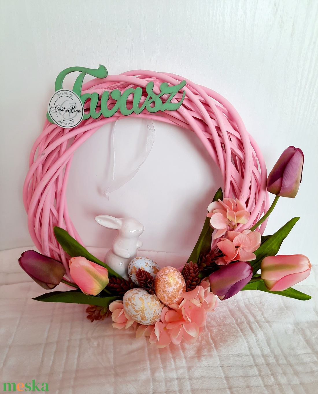 Húsvéti kopogtató fehér kerámianyuszival - otthon & életmód - dekoráció - ajtó- és ablak dekoráció - ajtódísz & kopogtató - Meska.hu