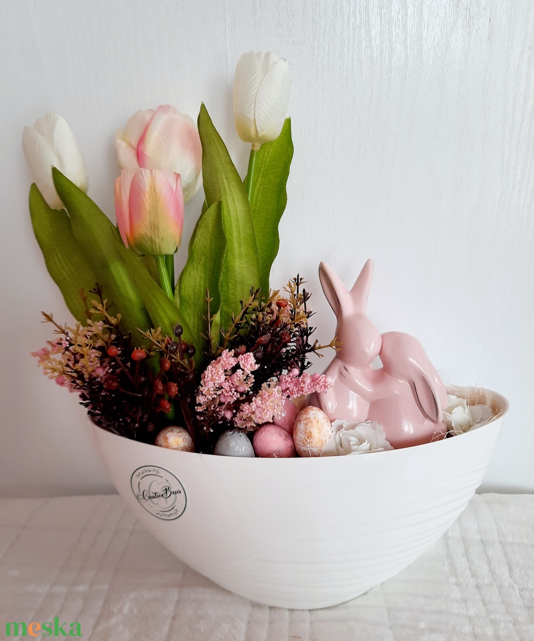 Rózsaszín nyuszipár fehér alapban - otthon & életmód - dekoráció - asztal és polc dekoráció - asztaldísz - Meska.hu