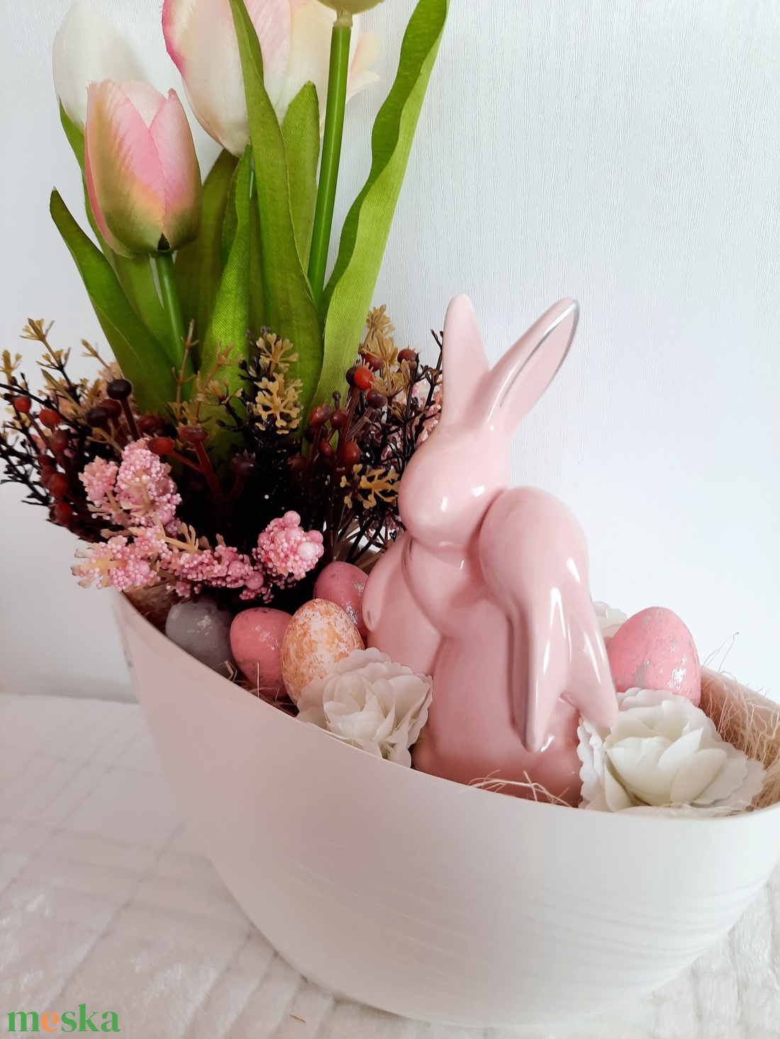 Rózsaszín nyuszipár fehér alapban - otthon & életmód - dekoráció - asztal és polc dekoráció - asztaldísz - Meska.hu