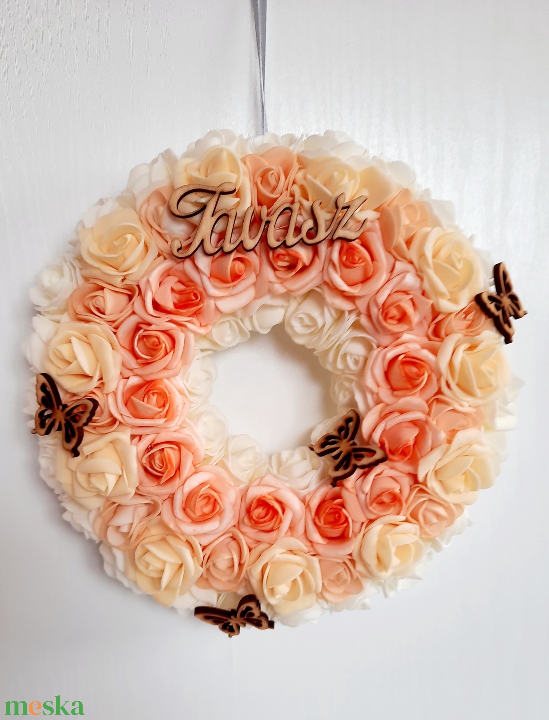 Rózsás kopogtató tavasz felirattal - otthon & életmód - dekoráció - ajtó- és ablak dekoráció - ajtódísz & kopogtató - Meska.hu