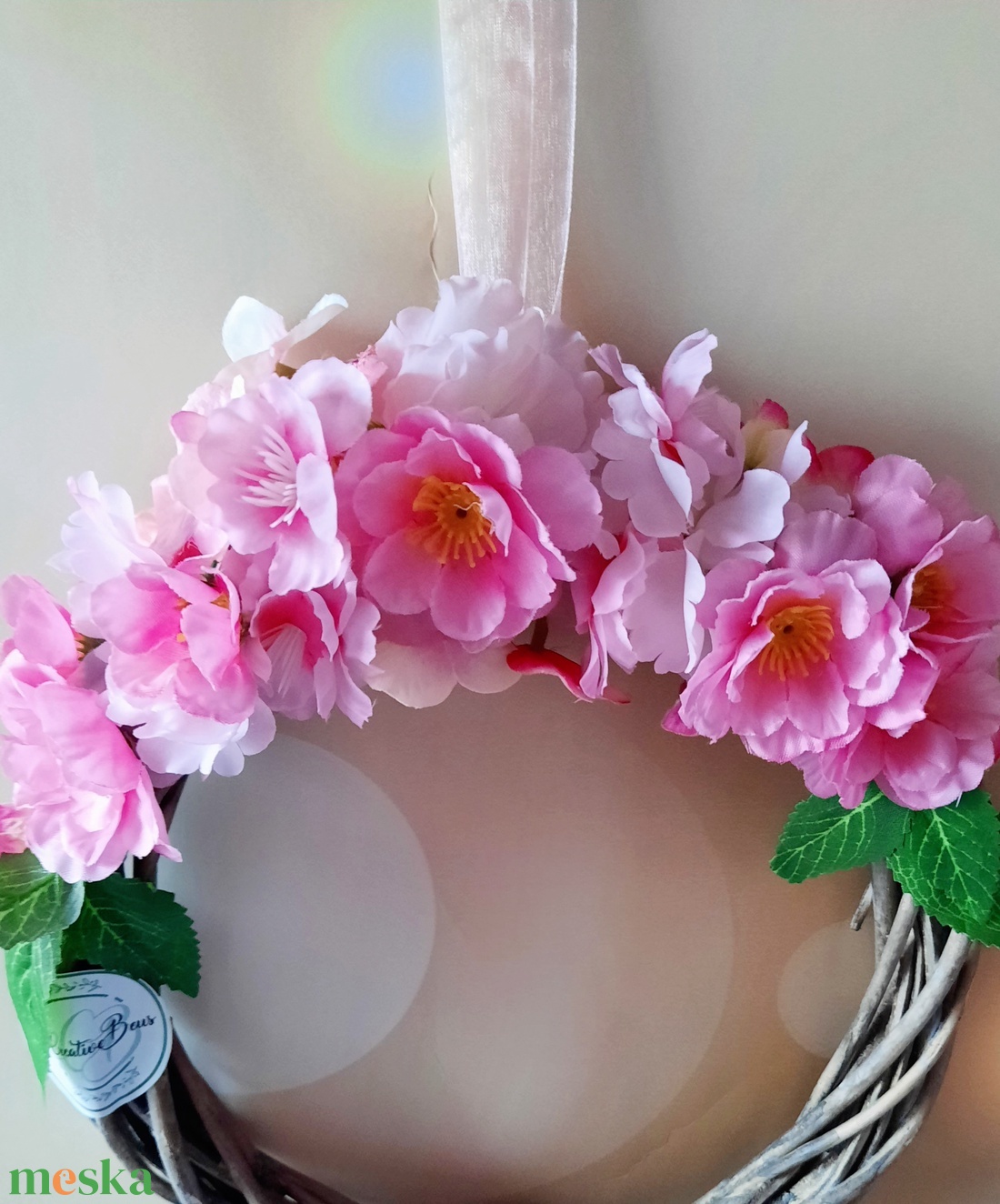 Tavaszi kopogtató barackvirággal - otthon & életmód - dekoráció - ajtó- és ablak dekoráció - ajtódísz & kopogtató - Meska.hu