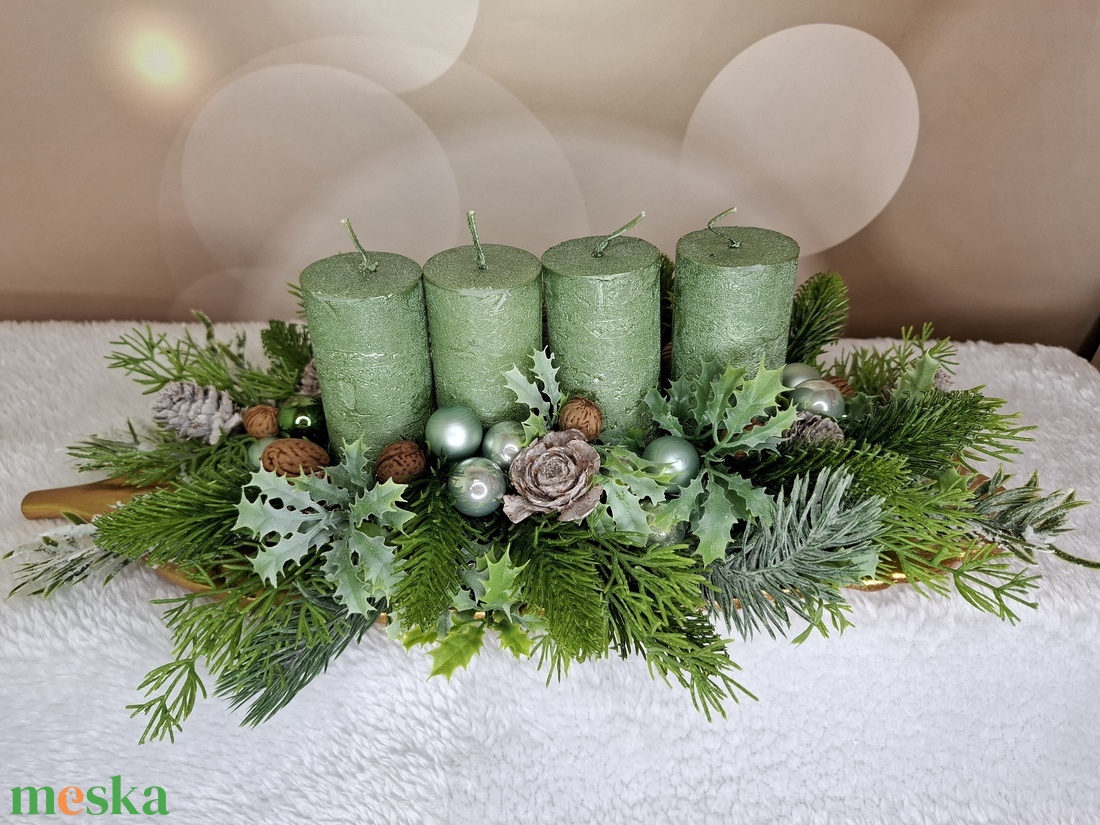 Adventi asztaldísz zöld gyertyával - karácsony - karácsonyi lakásdekoráció - karácsonyi lakásdíszek - Meska.hu