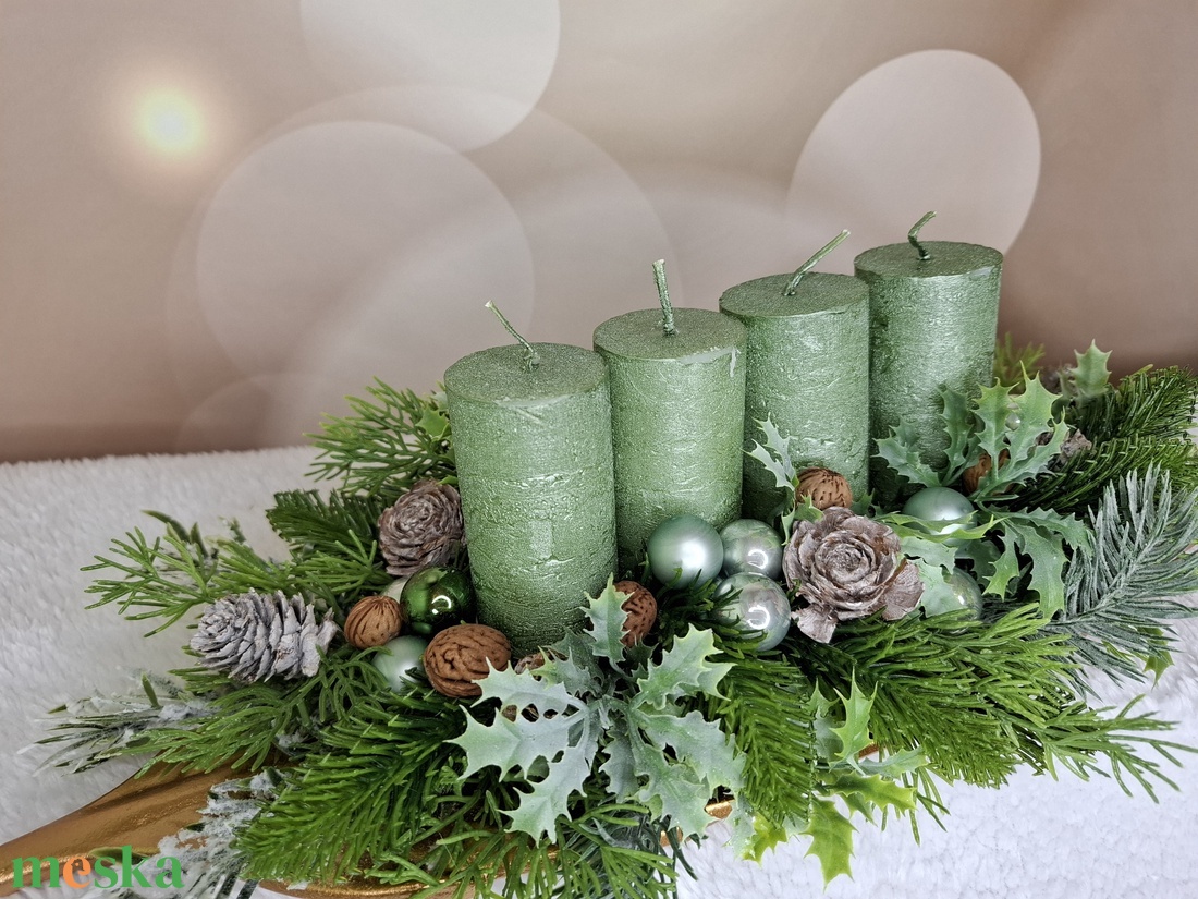 Adventi asztaldísz zöld gyertyával - karácsony - karácsonyi lakásdekoráció - karácsonyi lakásdíszek - Meska.hu