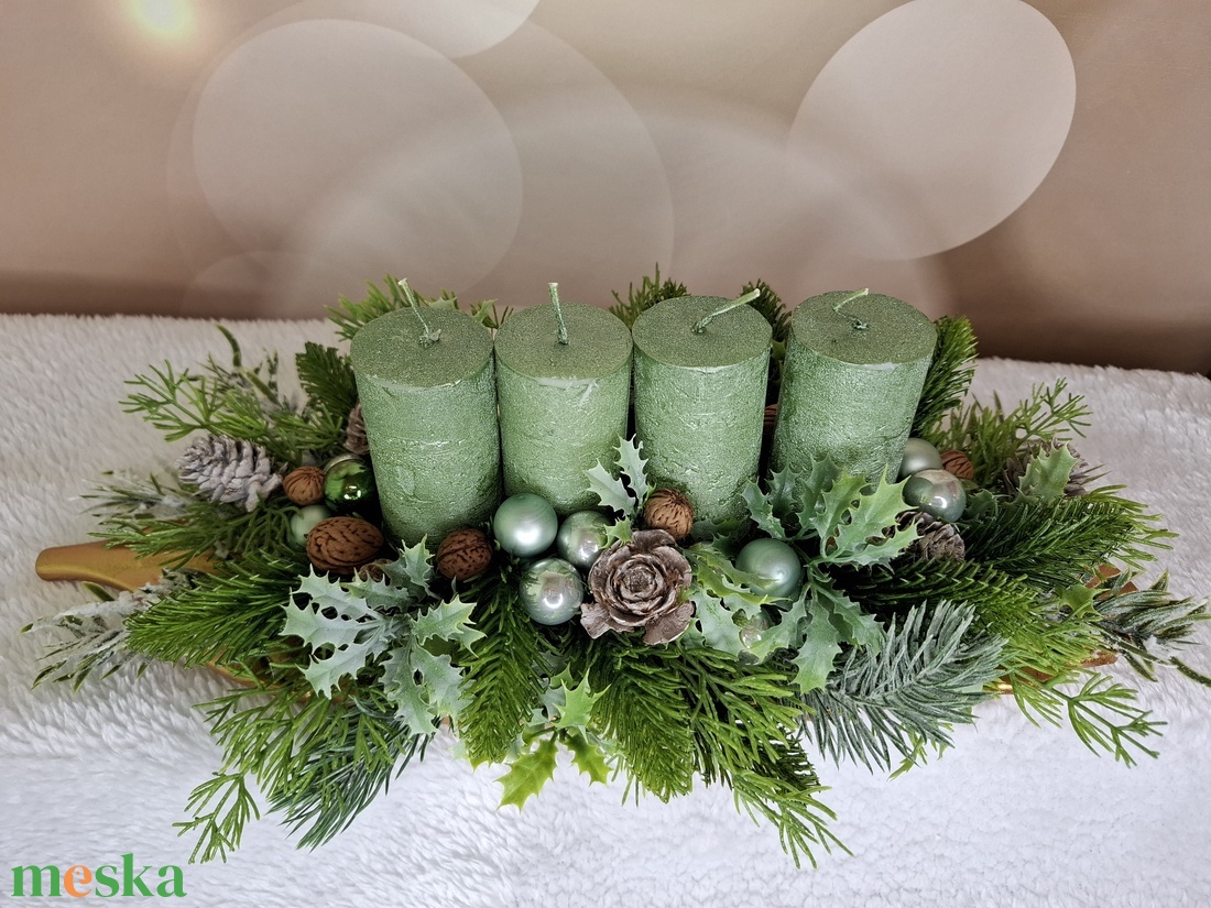 Adventi asztaldísz zöld gyertyával - karácsony - karácsonyi lakásdekoráció - karácsonyi lakásdíszek - Meska.hu