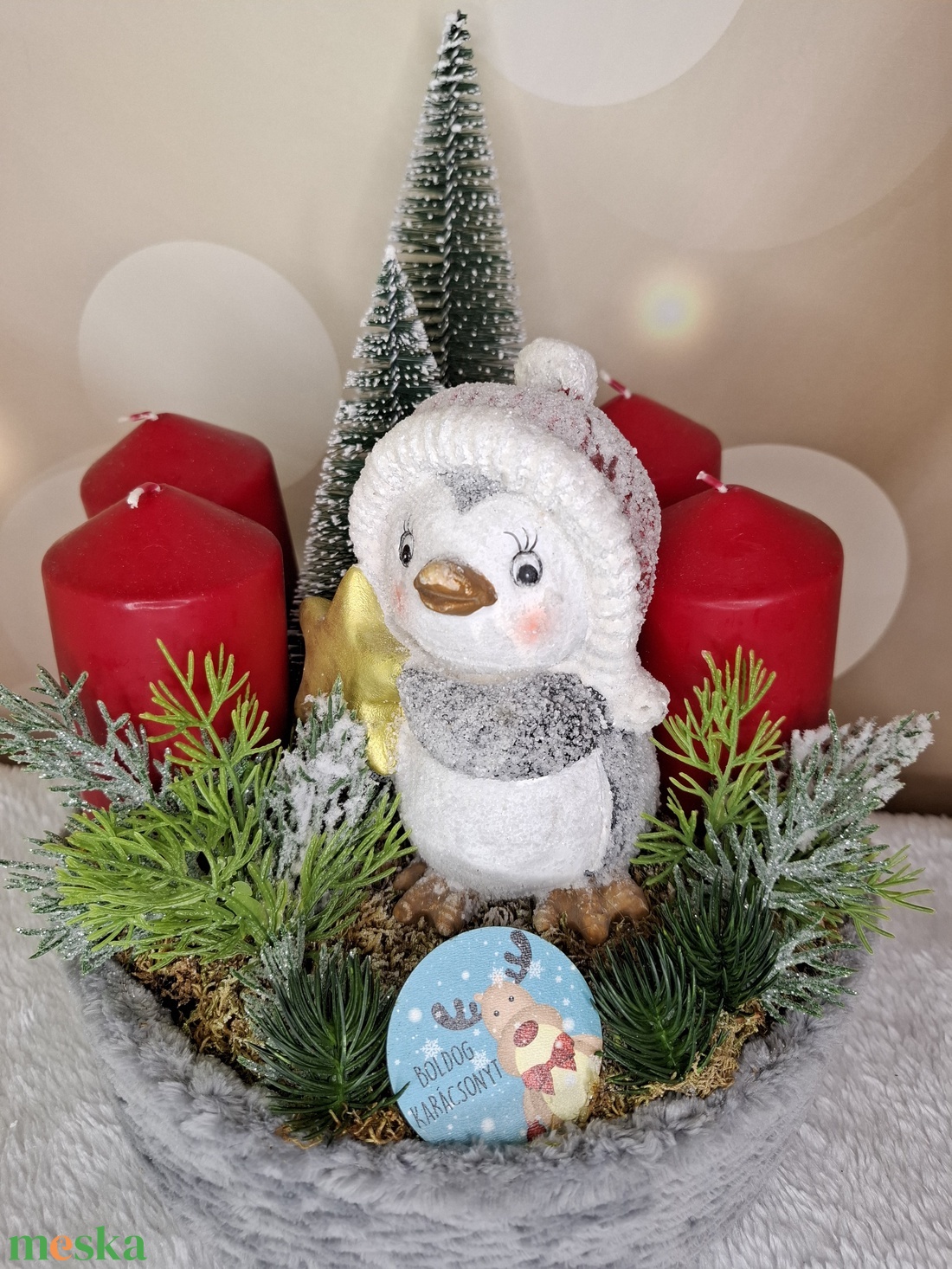 Adventi asztaldísz pingvinnel - karácsony - karácsonyi lakásdekoráció - karácsonyi lakásdíszek - Meska.hu
