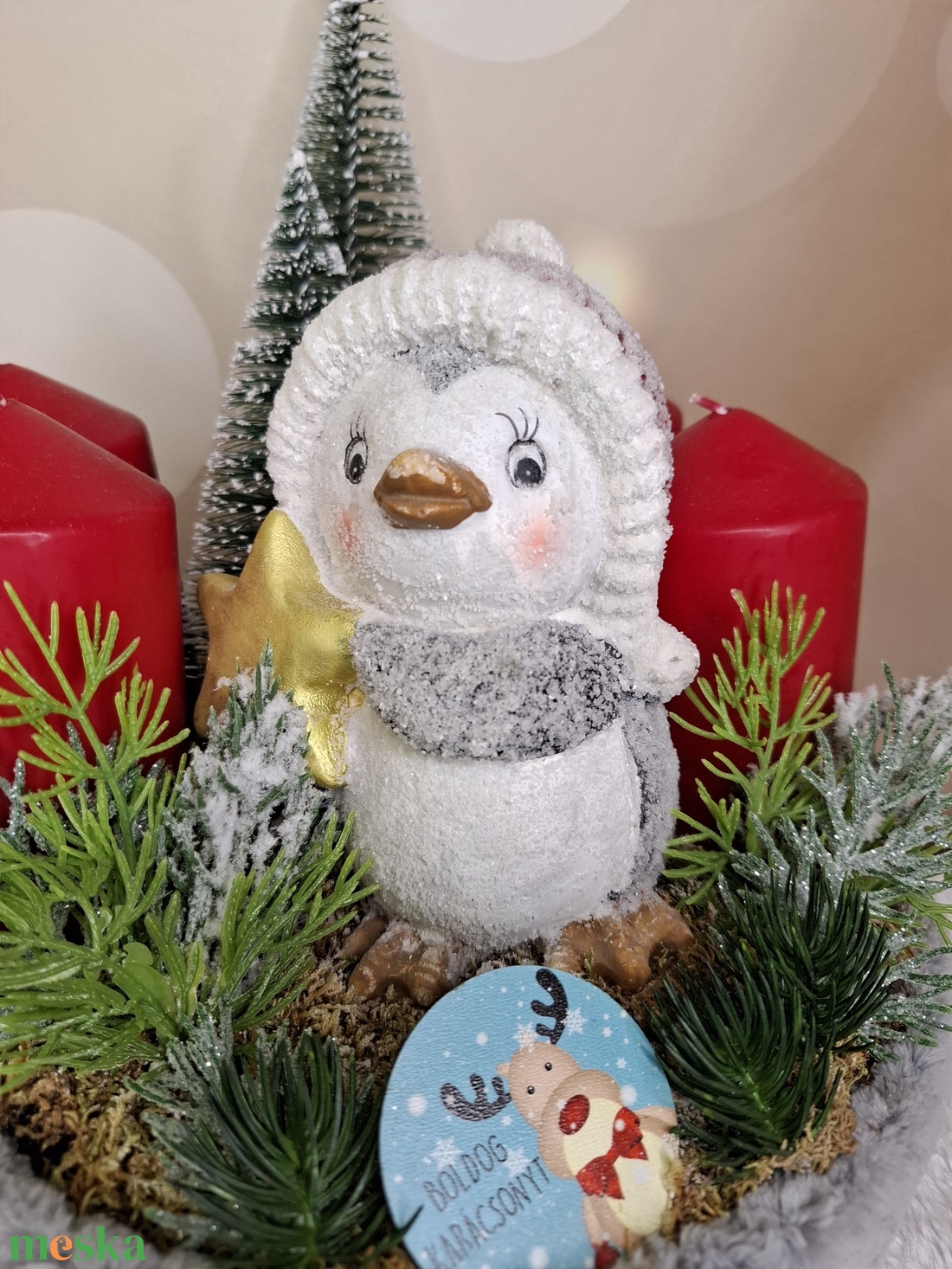 Adventi asztaldísz pingvinnel - karácsony - karácsonyi lakásdekoráció - karácsonyi lakásdíszek - Meska.hu