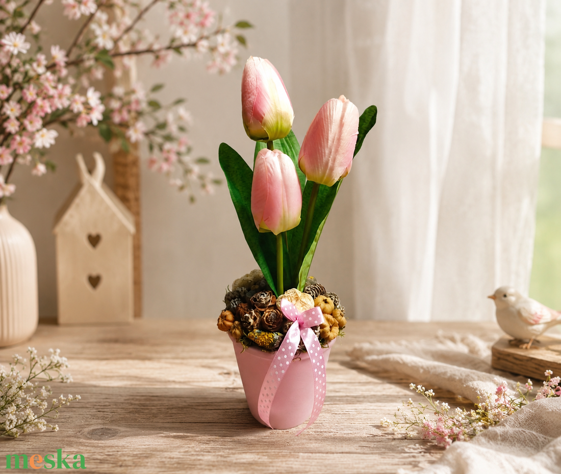 Tulipános tavaszi asztaldísz - otthon & életmód - virágdekoráció - virágdíszek - asztali virágdísz - Meska.hu