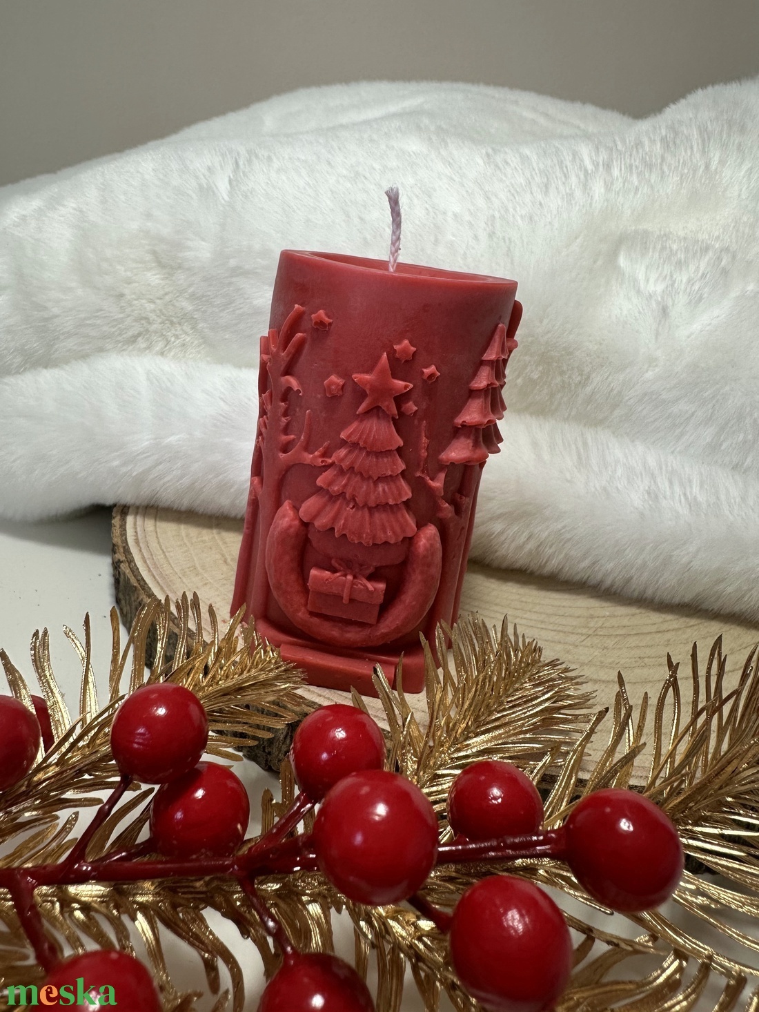 Szarvasos Szójaviasz Henger Gyertya - Piros - otthon & életmód - gyertya, illat, aroma - gyertya - Meska.hu