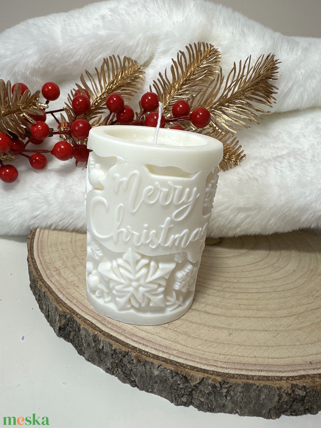 Karácsonyi Szójaviasz Henger Gyertya - Fehér - otthon & életmód - gyertya, illat, aroma - gyertya - Meska.hu