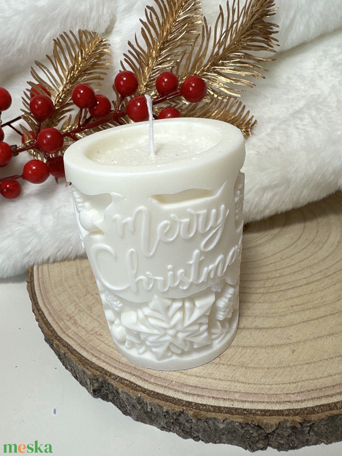 Karácsonyi Szójaviasz Henger Gyertya - Fehér - otthon & életmód - gyertya, illat, aroma - gyertya - Meska.hu