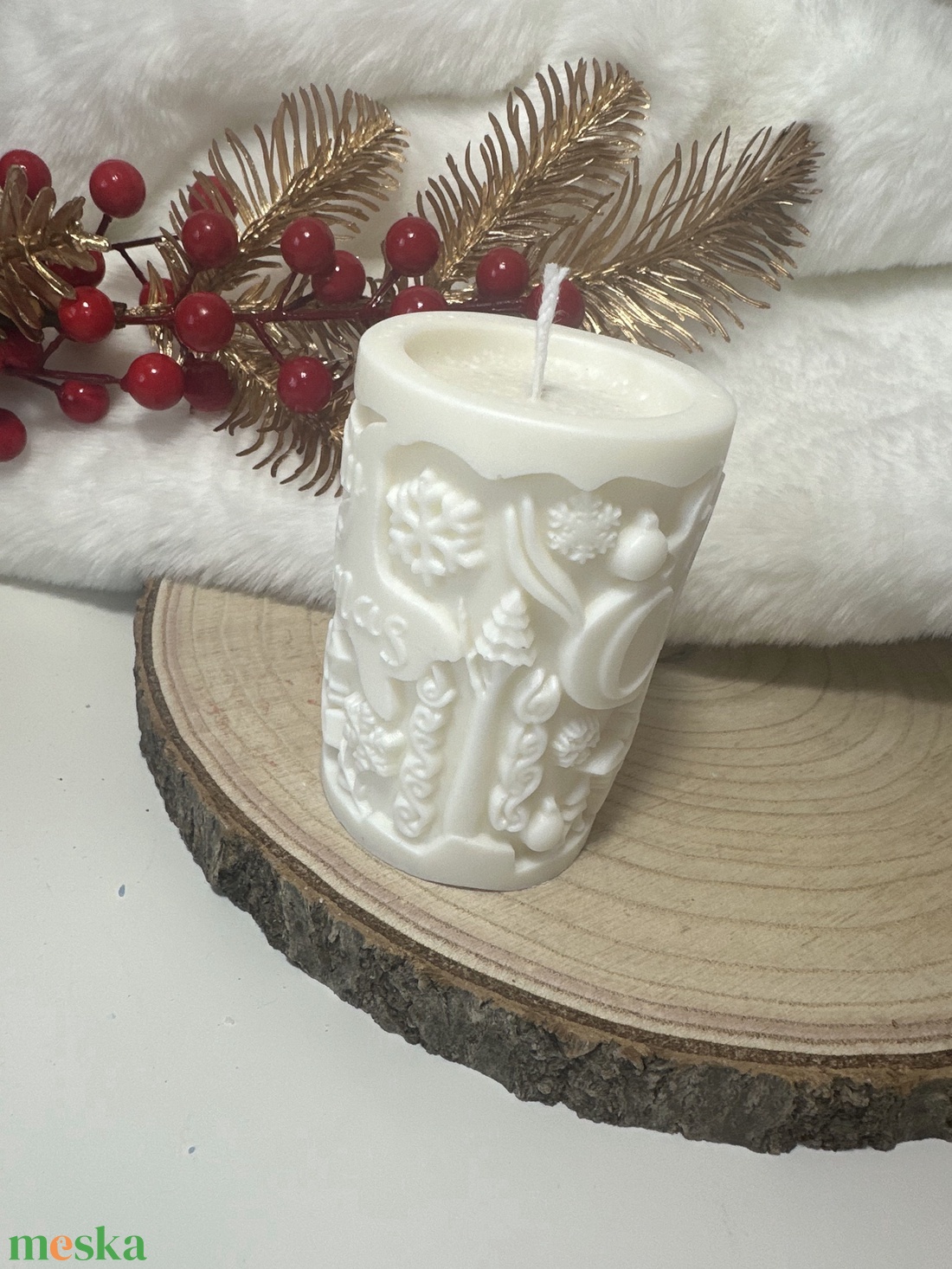 Karácsonyi Szójaviasz Henger Gyertya - Fehér - otthon & életmód - gyertya, illat, aroma - gyertya - Meska.hu