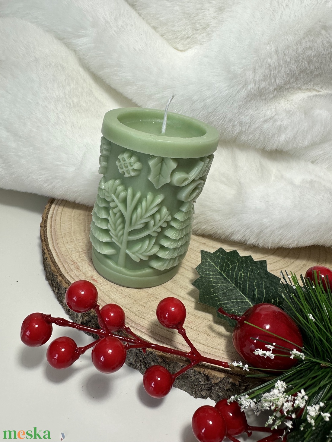 Karácsonyi Henger Gyertya - Zöld - esküvő - dekoráció - gyertya & gyertyatartó - Meska.hu