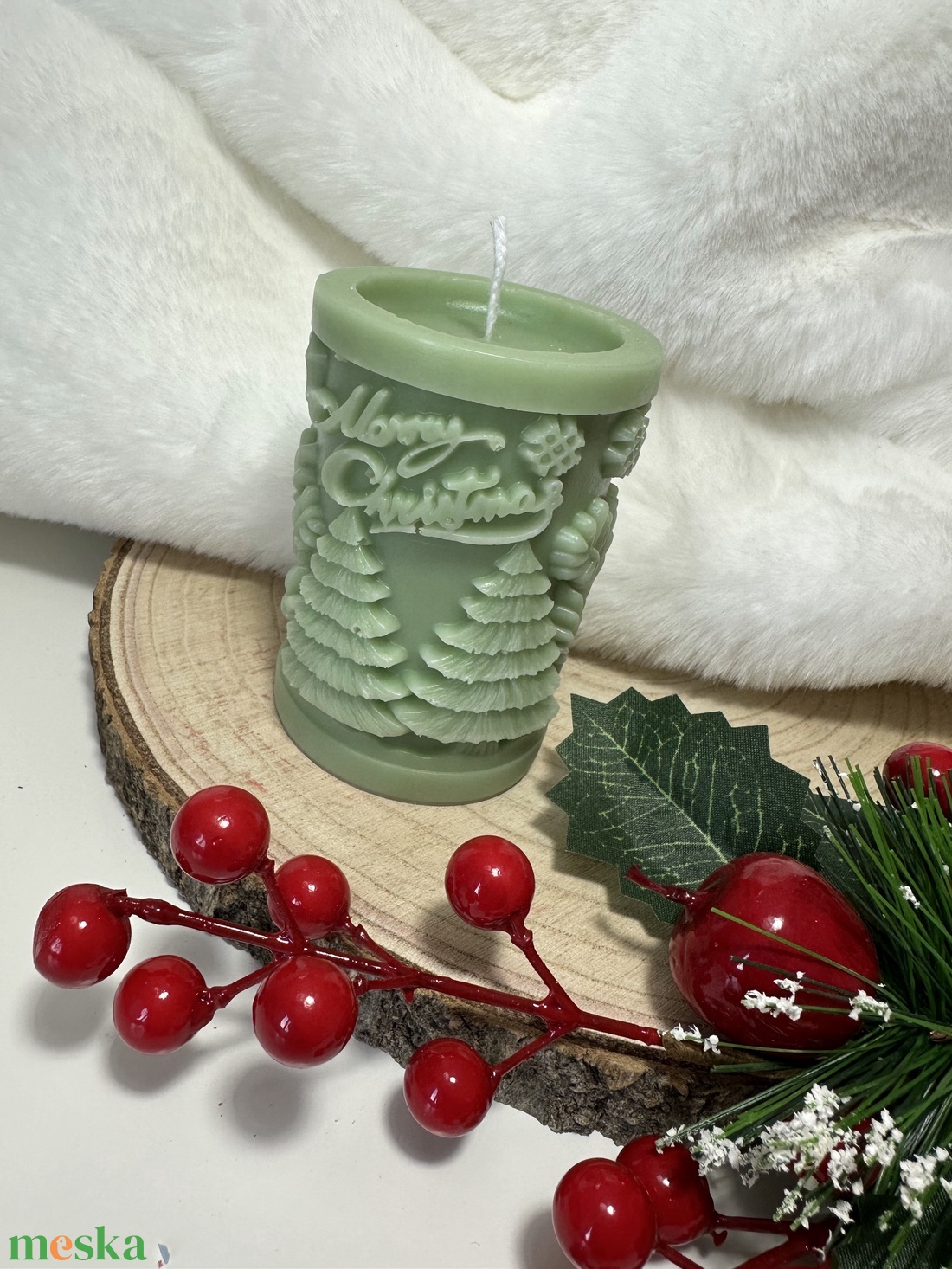 Karácsonyi Henger Gyertya - Zöld - esküvő - dekoráció - gyertya & gyertyatartó - Meska.hu