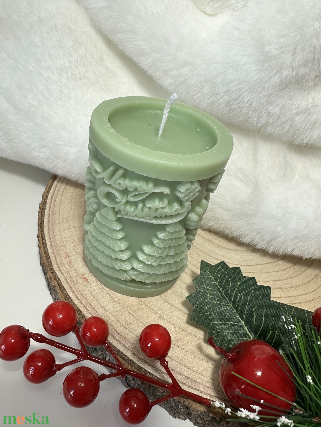 Karácsonyi Henger Gyertya - Zöld - esküvő - dekoráció - gyertya & gyertyatartó - Meska.hu