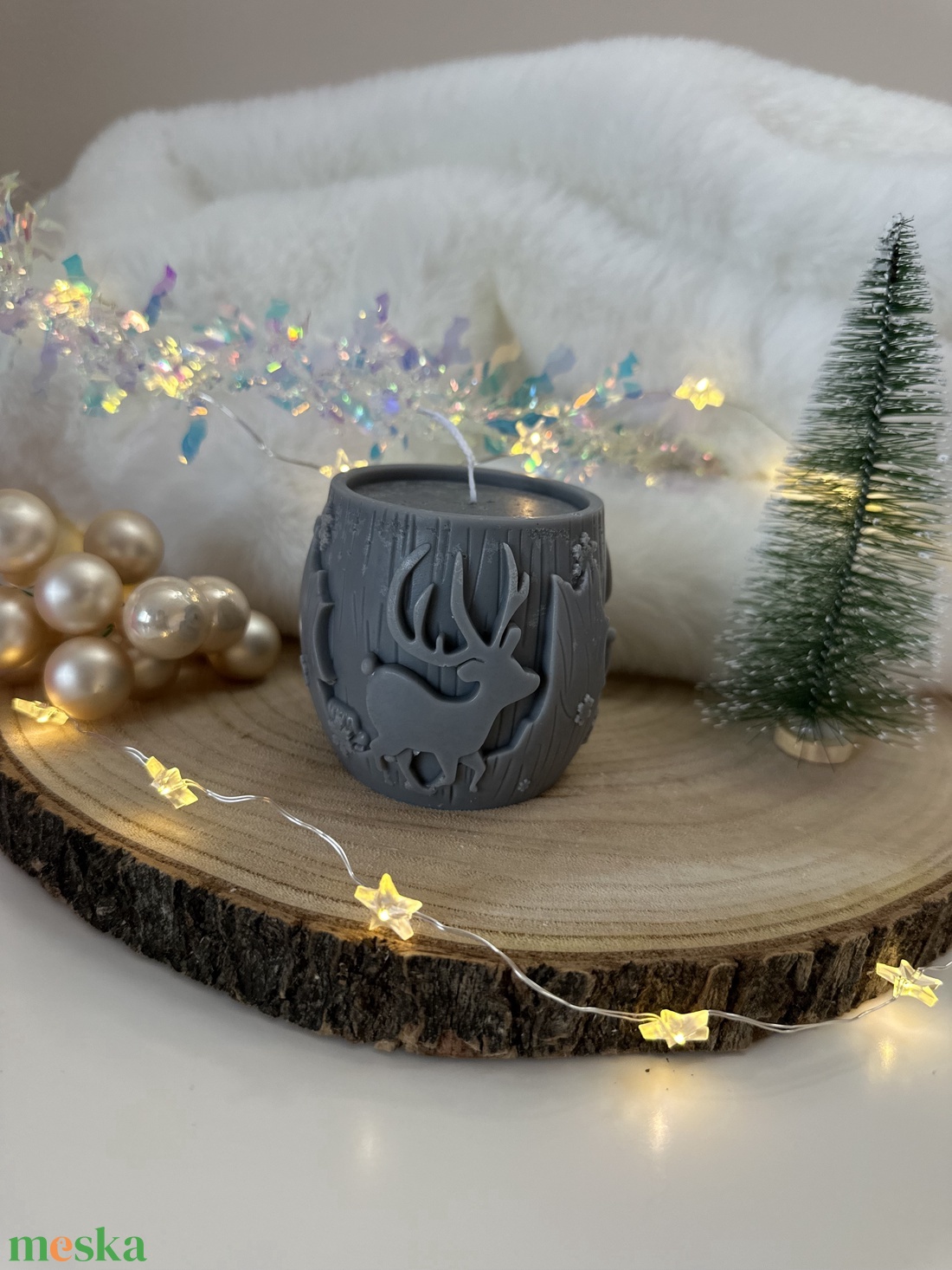 Karácsonyi Szójaviasz Henger Gyertya - Szürke - otthon & életmód - gyertya, illat, aroma - gyertya - Meska.hu