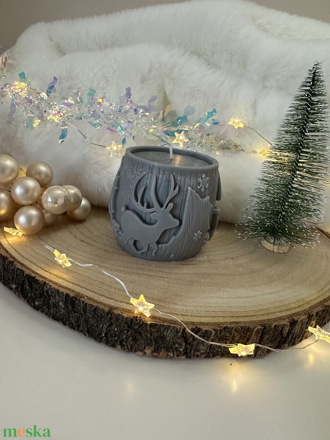 Karácsonyi Szójaviasz Henger Gyertya - Szürke - otthon & életmód - gyertya, illat, aroma - gyertya - Meska.hu