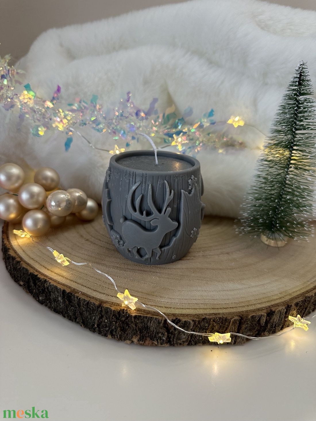 Karácsonyi Szójaviasz Henger Gyertya - Szürke - otthon & életmód - gyertya, illat, aroma - gyertya - Meska.hu