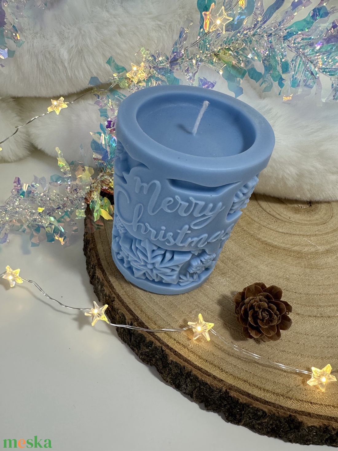 Karácsonyi Szójaviasz Henger Gyertya - Kék - otthon & életmód - gyertya, illat, aroma - gyertya - Meska.hu