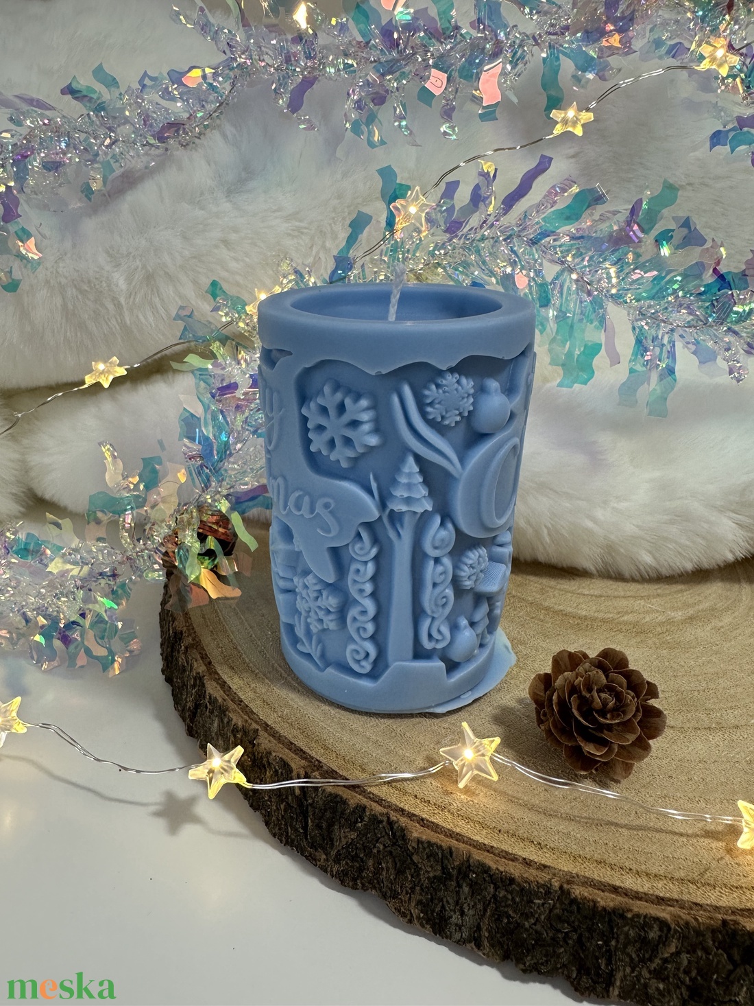 Karácsonyi Szójaviasz Henger Gyertya - Kék - otthon & életmód - gyertya, illat, aroma - gyertya - Meska.hu