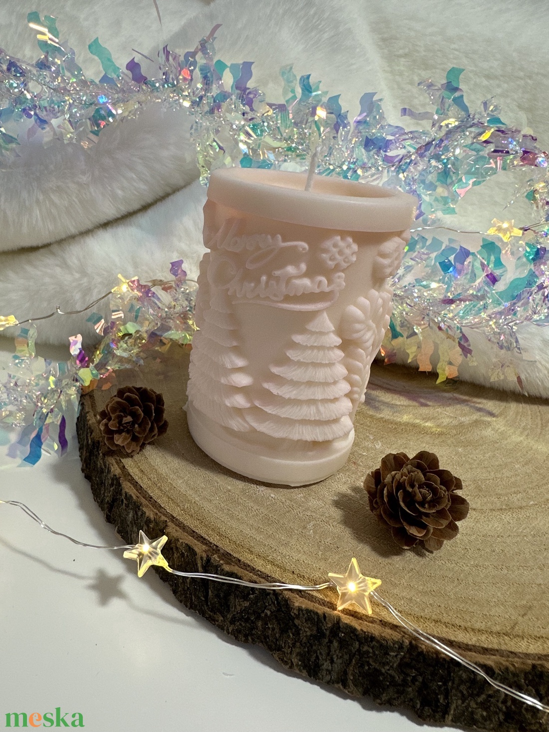 Karácsonyi Szójaviasz Henger Gyertya - Fehér/Púder - otthon & életmód - gyertya, illat, aroma - gyertya - Meska.hu