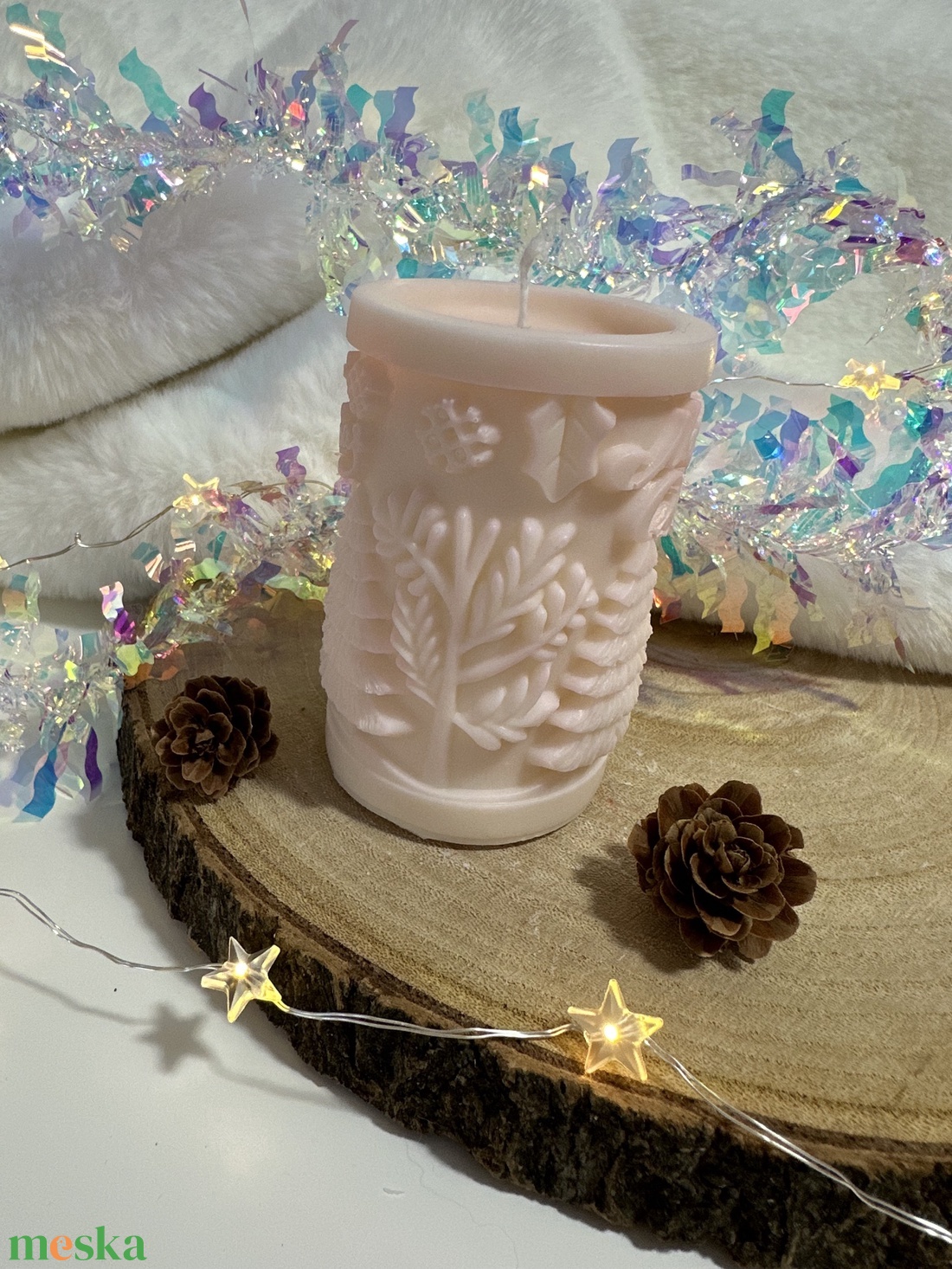 Karácsonyi Szójaviasz Henger Gyertya - Fehér/Púder - otthon & életmód - gyertya, illat, aroma - gyertya - Meska.hu