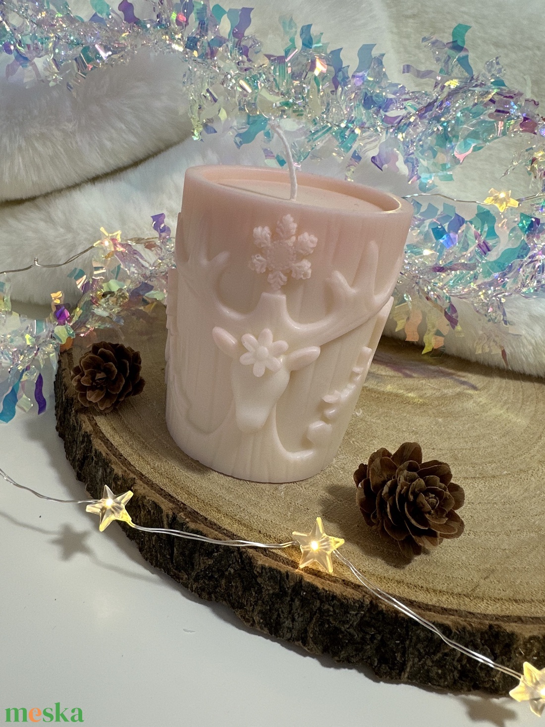 Karácsonyi Szójaviasz Henger Gyertya - Fehér/Púder - otthon & életmód - gyertya, illat, aroma - gyertya - Meska.hu