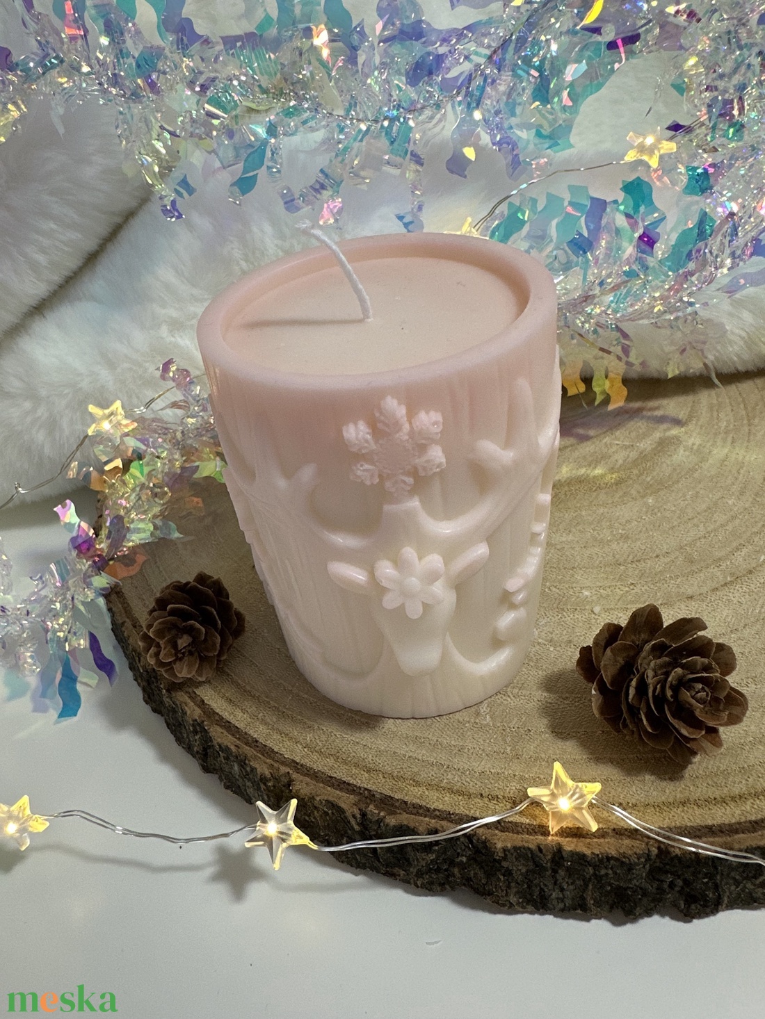 Karácsonyi Szójaviasz Henger Gyertya - Fehér/Púder - otthon & életmód - gyertya, illat, aroma - gyertya - Meska.hu