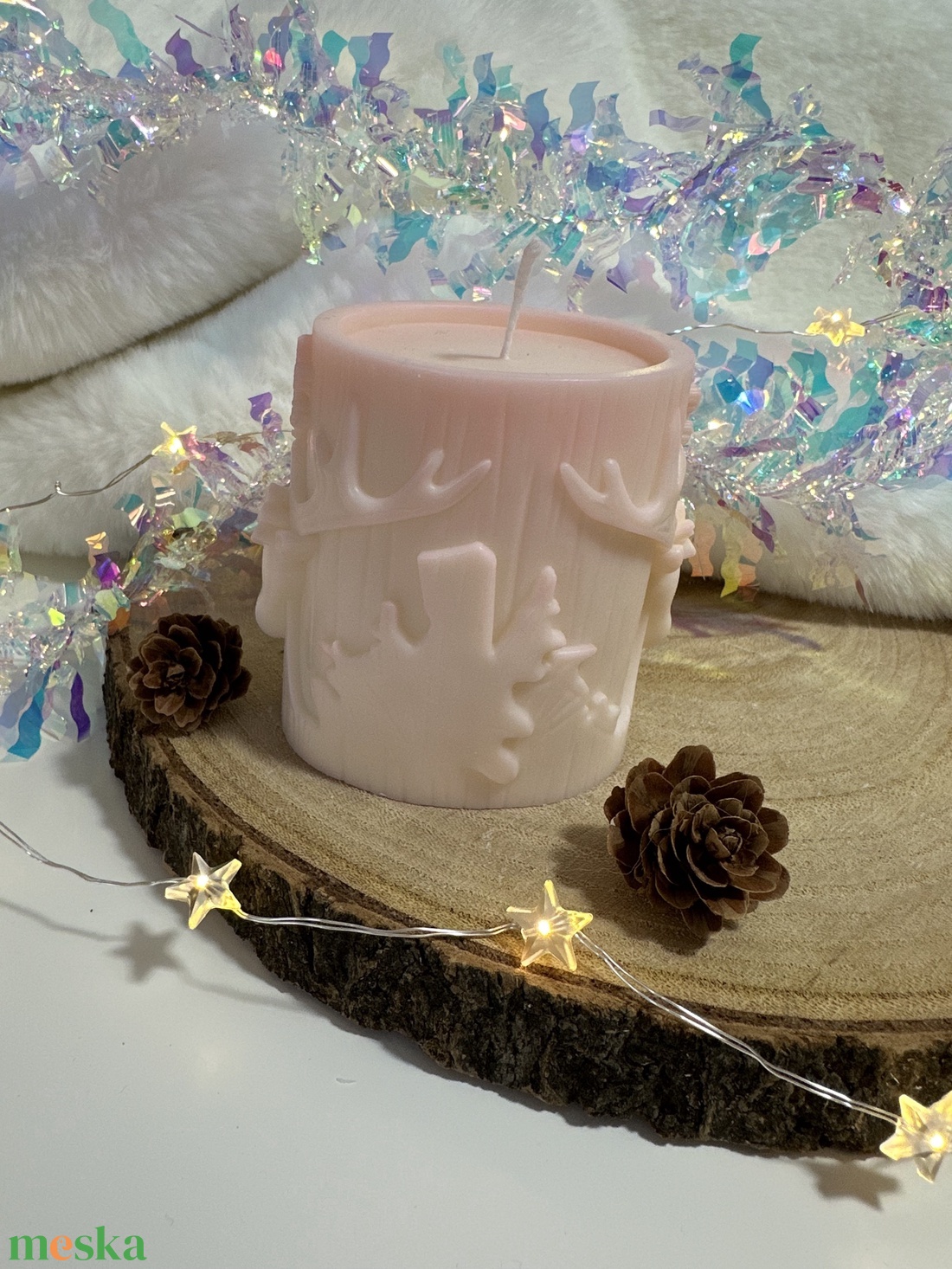 Karácsonyi Szójaviasz Henger Gyertya - Fehér/Púder - otthon & életmód - gyertya, illat, aroma - gyertya - Meska.hu