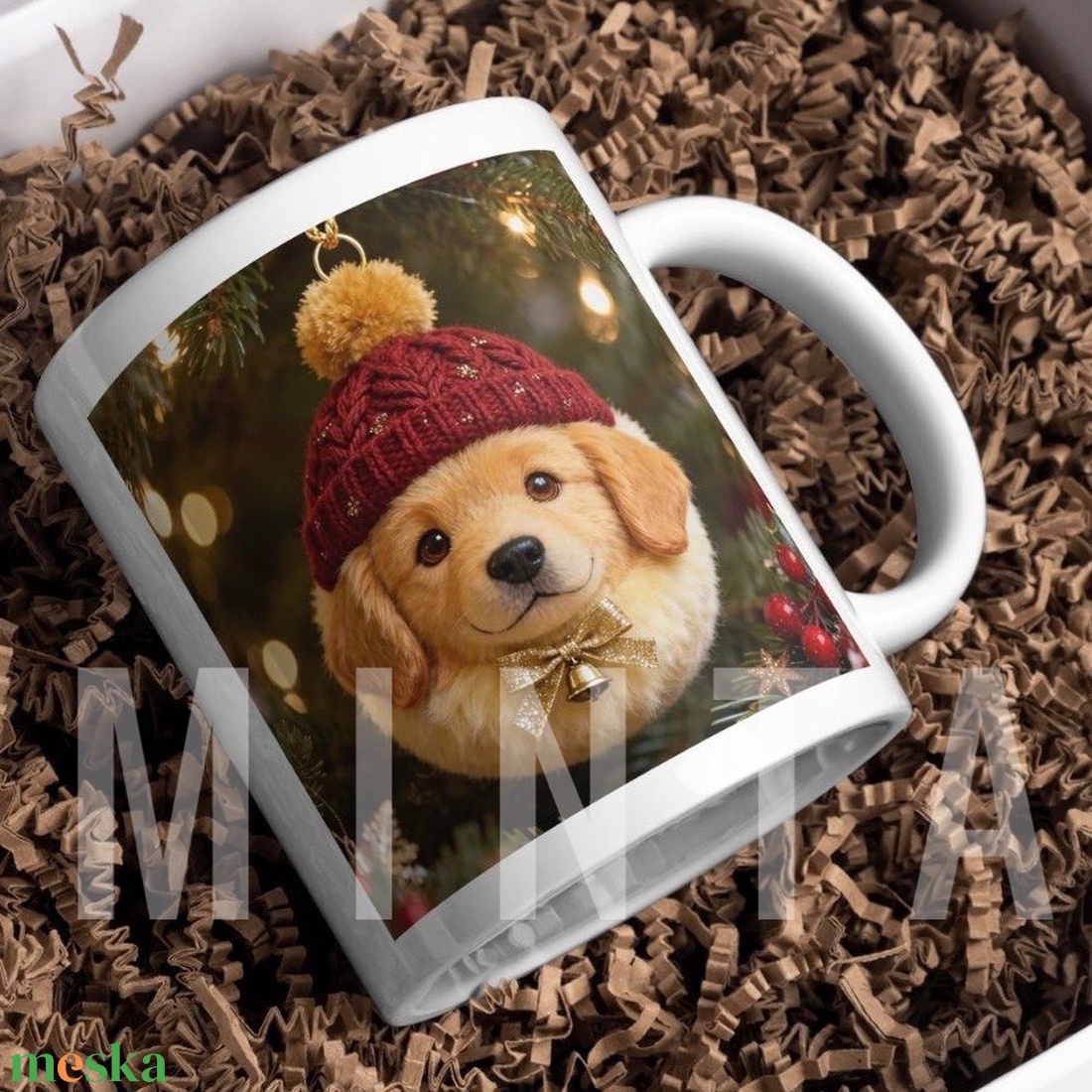 Karácsonyi bögre - Golden Retriever kölyök - kellékek & szerszámok - díszíthető tárgyak - kerámia - Meska.hu