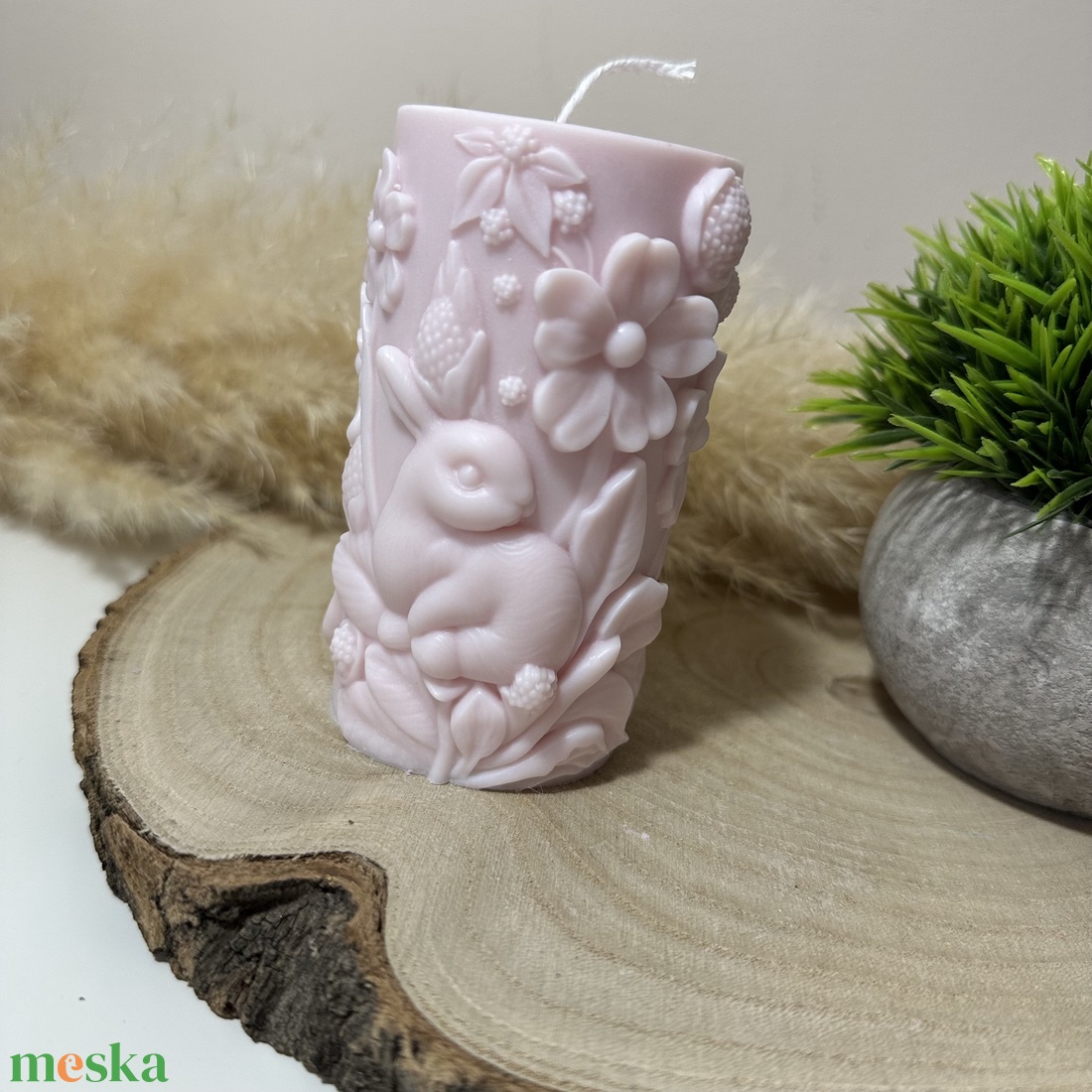Húsvéti Nyuszis Dekor Henger Gyertya - Púder Rózsaszín - otthon & életmód - gyertya, illat, aroma - gyertya - Meska.hu