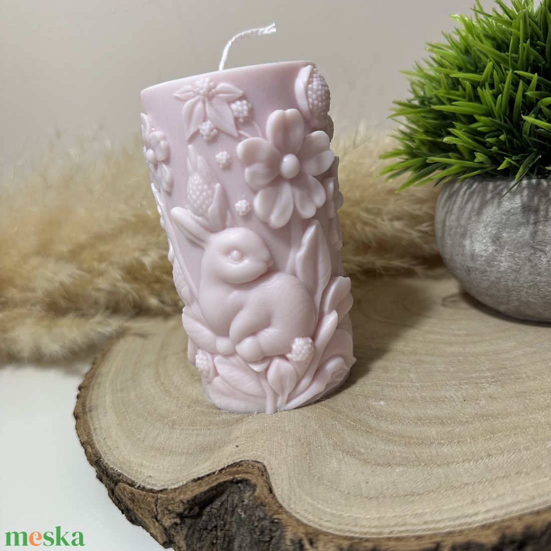 Húsvéti Nyuszis Dekor Henger Gyertya - Púder Rózsaszín - otthon & életmód - gyertya, illat, aroma - gyertya - Meska.hu