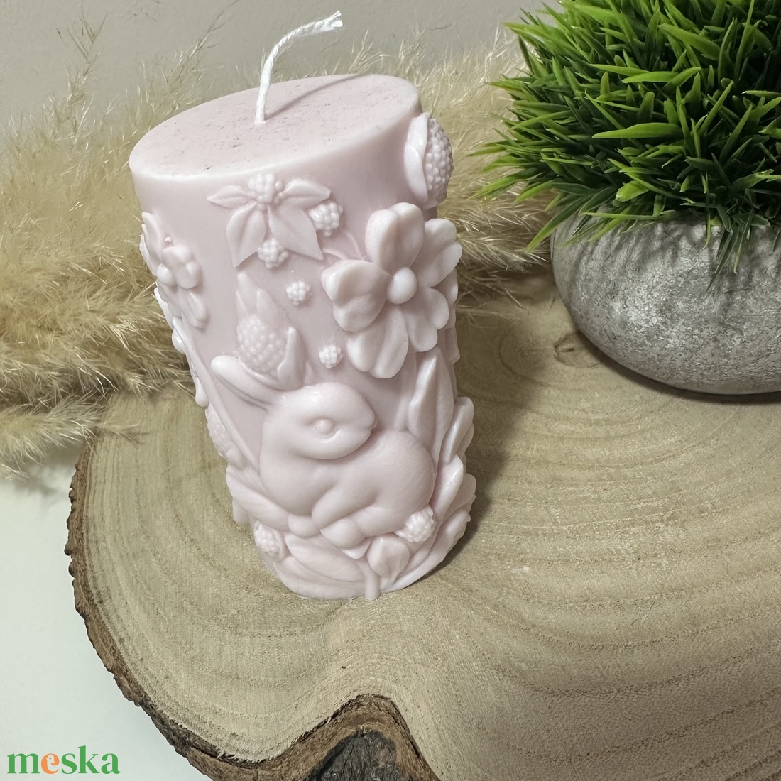 Húsvéti Nyuszis Dekor Henger Gyertya - Púder Rózsaszín - otthon & életmód - gyertya, illat, aroma - gyertya - Meska.hu