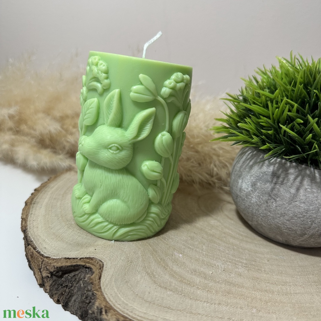 Húsvéti Nyuszis Dekor Henger Gyertya - Zöld - otthon & életmód - gyertya, illat, aroma - gyertya - Meska.hu