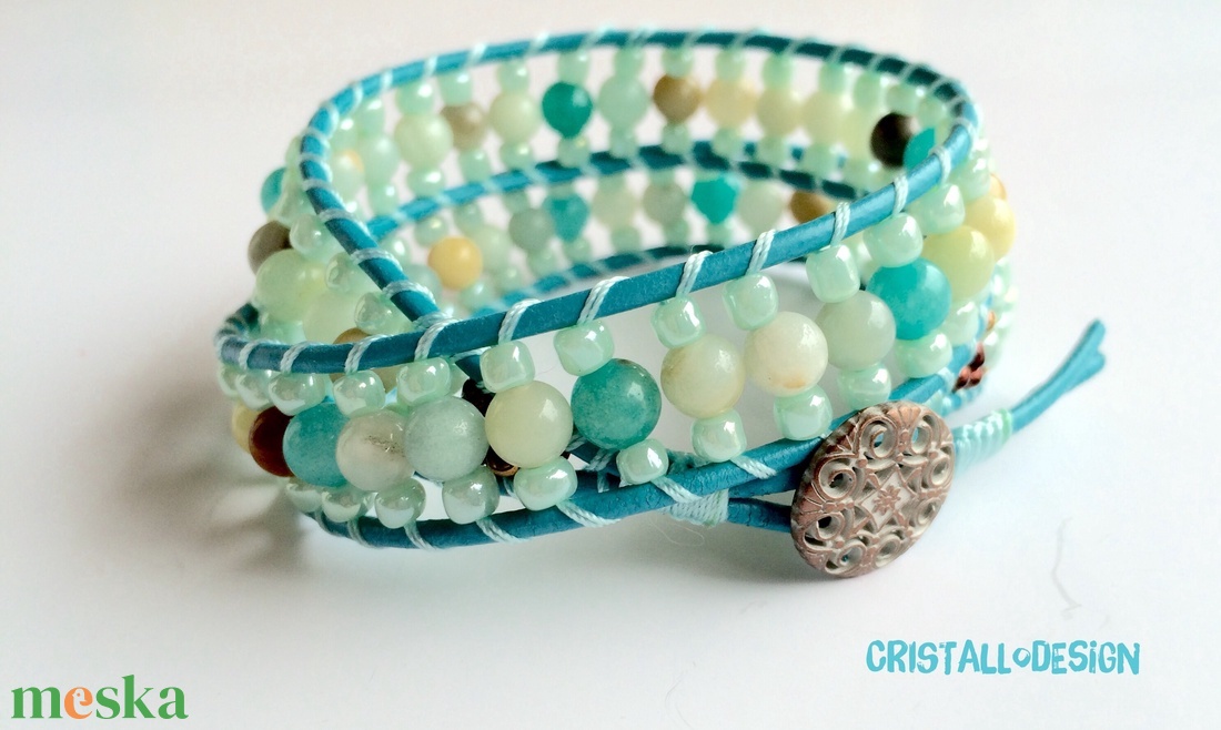 Amazonit türkiz bőr makramé wrap karkötő  -  - Meska.hu