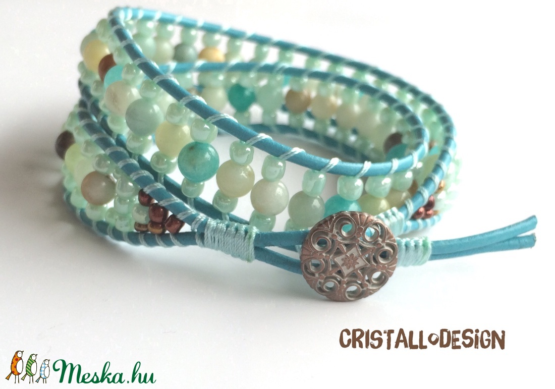 Amazonit türkiz bőr makramé wrap karkötő  -  - Meska.hu