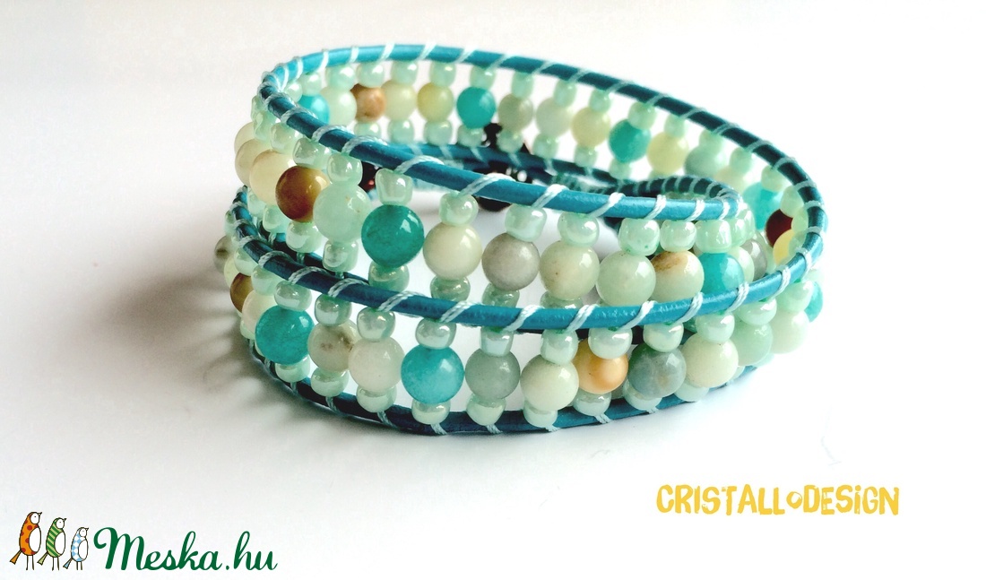 Amazonit türkiz bőr makramé wrap karkötő  -  - Meska.hu