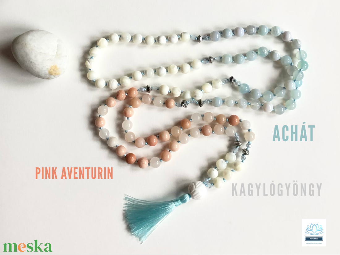 Kagylógyöngy, achát és aventurin ásvány nyaklánc, ásványékszer akciós termékkép 1