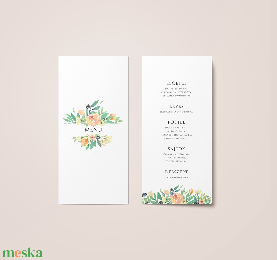 Toszkán virágos esküvői menü kártya, bohó esküvő - esküvő - meghívó & kártya - menü - Meska.hu