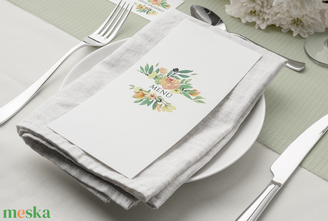 Toszkán virágos esküvői menü kártya, bohó esküvő - esküvő - meghívó & kártya - menü - Meska.hu