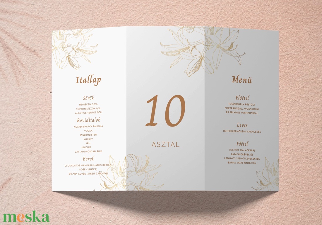 Liliom esküvői asztalszám menü- és itallap, háromszög asztali display - esküvő - meghívó & kártya - menü - Meska.hu